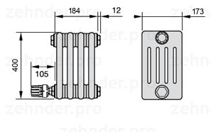 Схема (чертеж) Радиатор Zehnder Charleston 5040/4 №V004 Белый глянцевый RAL 9016
